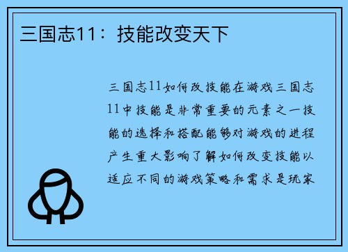 三国志11：技能改变天下